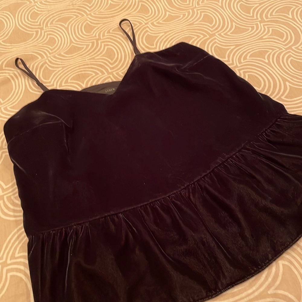 J. Crew top, black velvet-look fabric, 100% polyester, adjustable straps, 0P